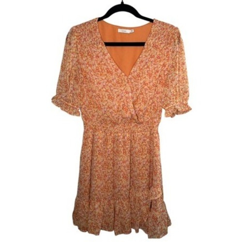 Lush Floral V-Neck Smocked Mini Dress Orange Yellow Ditsy Print Size Medium